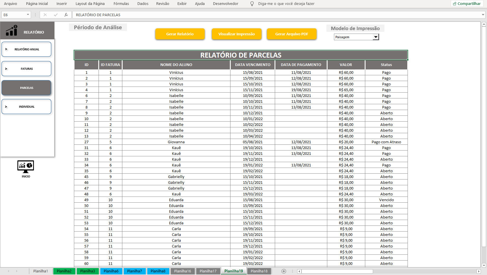 Planilha Controle de Mensalidades em Excel VBA Excel Avançado