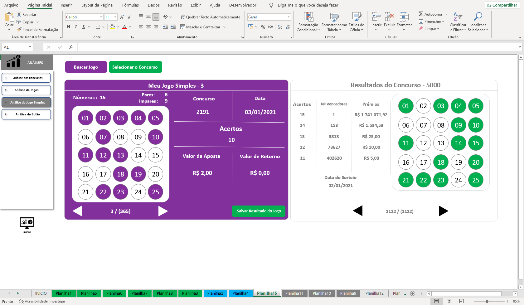 Página dedicada a resultados e estudo da loto fácil, downloads de esquemas  em excel…