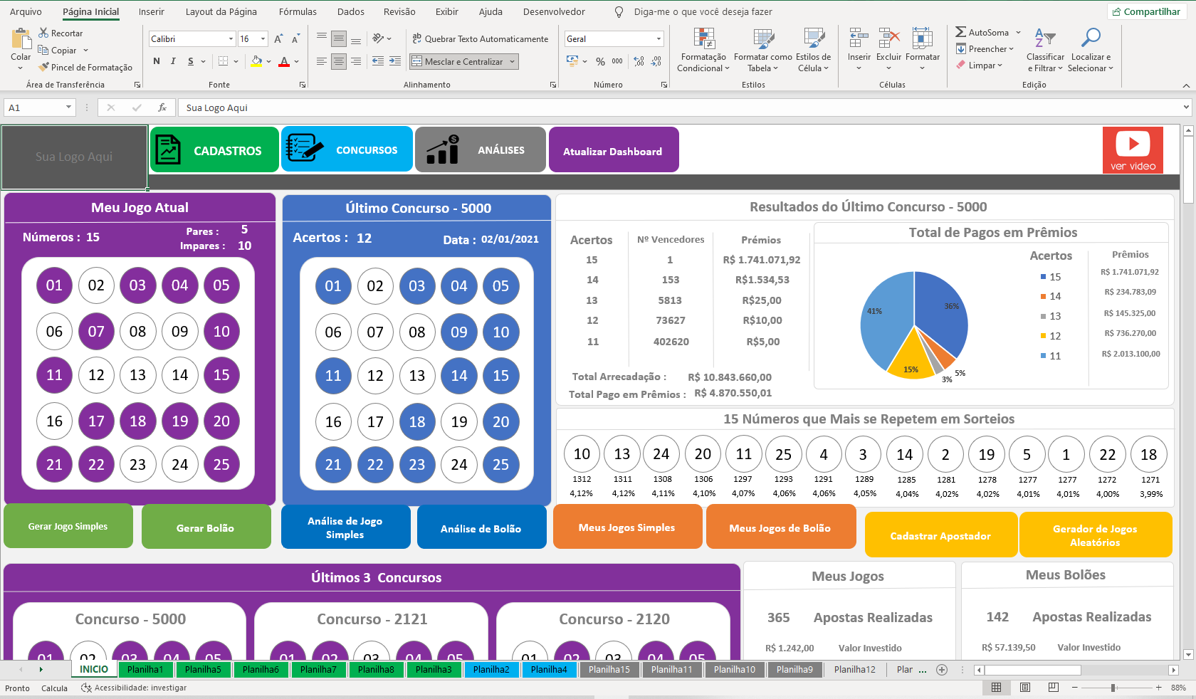 Página dedicada a resultados e estudo da loto fácil, downloads de esquemas  em excel…