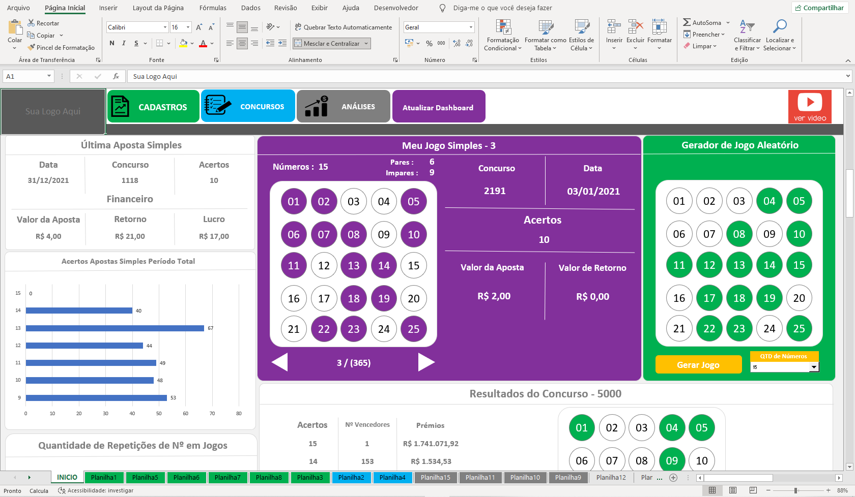 Planilha Lotofácil - Jogos Análise Completa - Excel Avançado