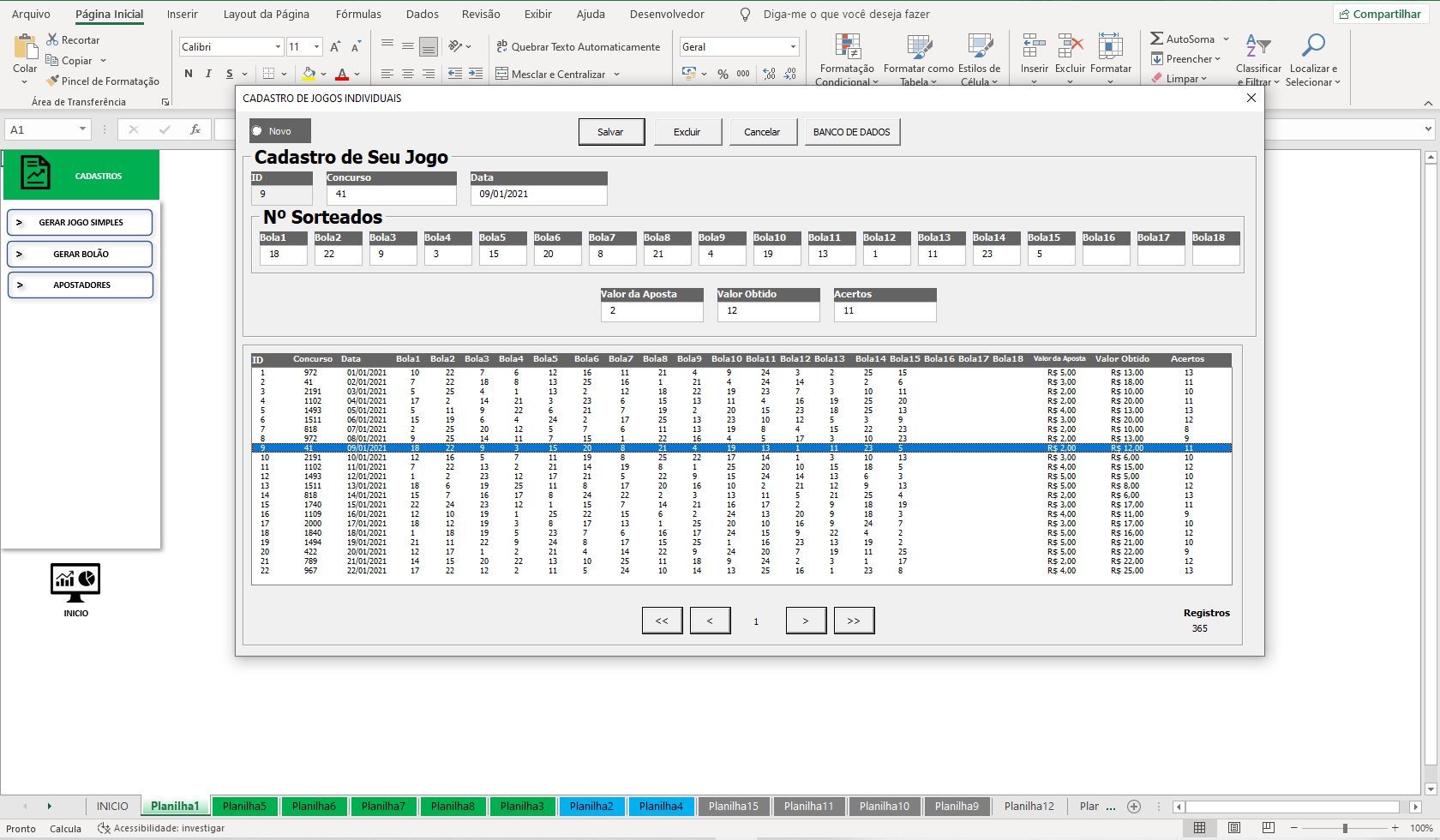 Página dedicada a resultados e estudo da loto fácil, downloads de esquemas  em excel…