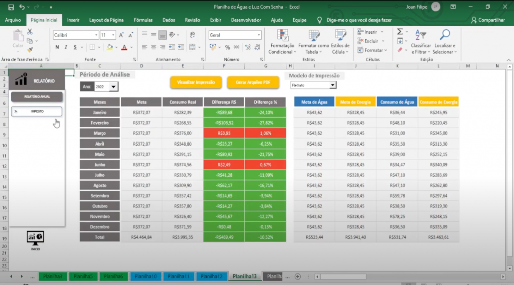 Planilha Controle de Consumo de Água e Energia em Excel VBA Excel Avançado